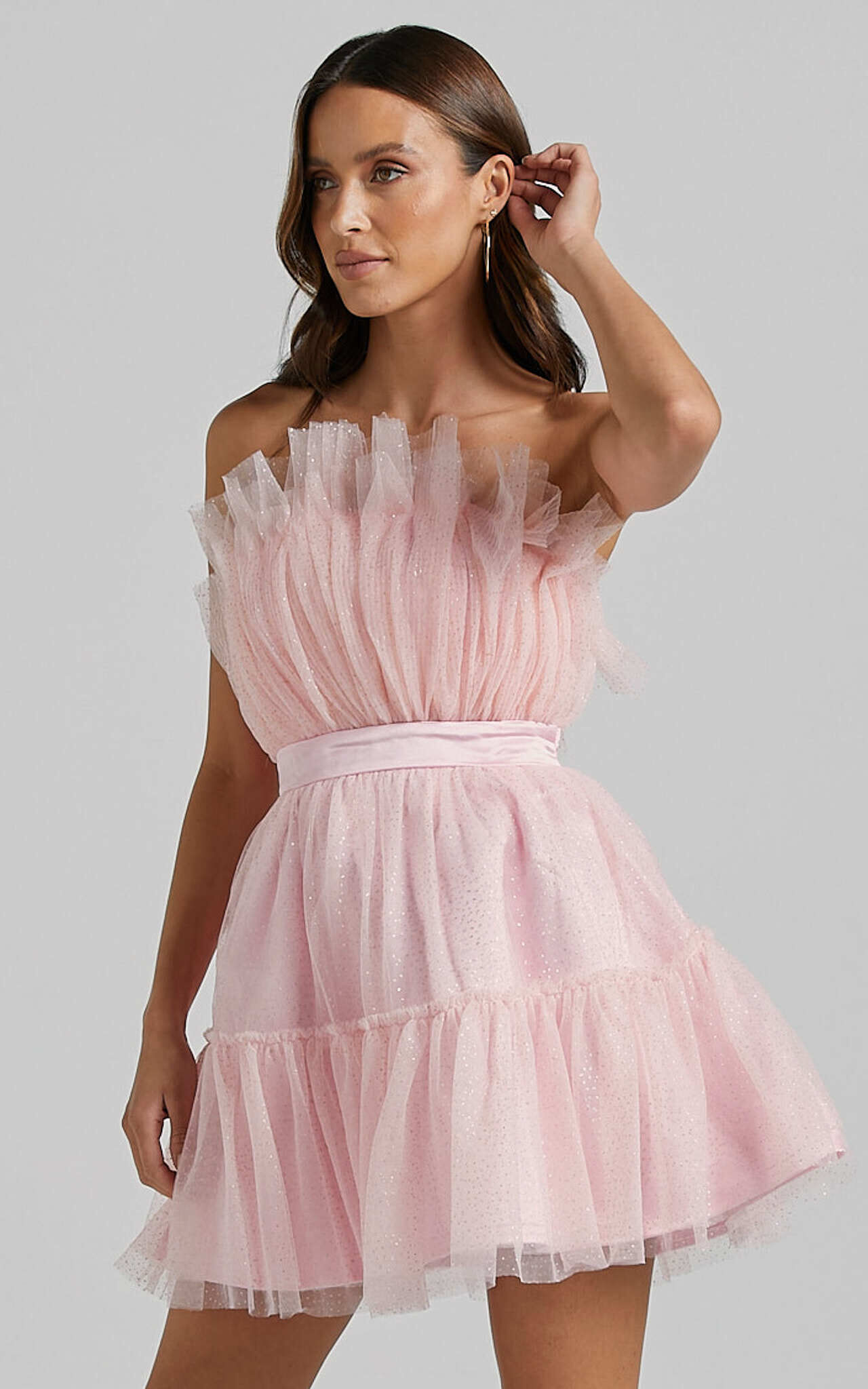 Amalya Mini Dress Tiered Tulle Fit and Flare Dress in Baby Pink Glitter