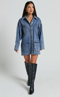 Harlow Jacket - Oversized Long Sleeve Denim Jacket in Mid Blue Wash