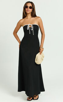 Lashara Maxi Linen Blend Dress - Strapless Contrast Dress in Black
