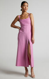 Niobe Midi Dress - Square Neck Thigh Split Slip Dress in Pink | Showpo USA