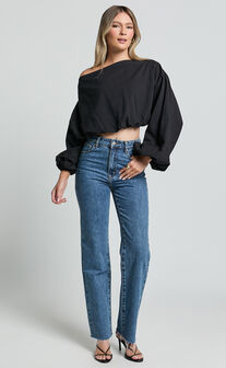 Alesia Top - Asymmetrical Boat Neck Elastic Hem Crop Top in Black