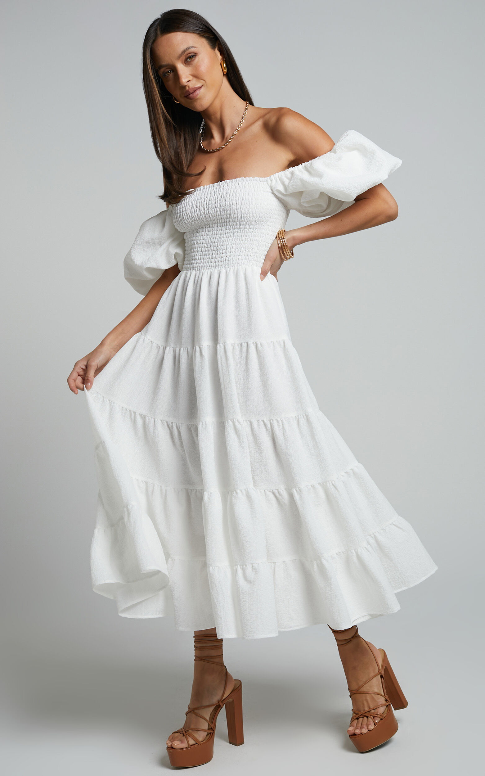 Maxima Midi Dress - Puff Sleeve Shirred Bodice Tiered Dress in White ...