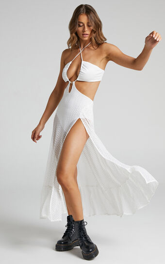 Kailyn Midi Dress - Halter Slit Dress in Cream
