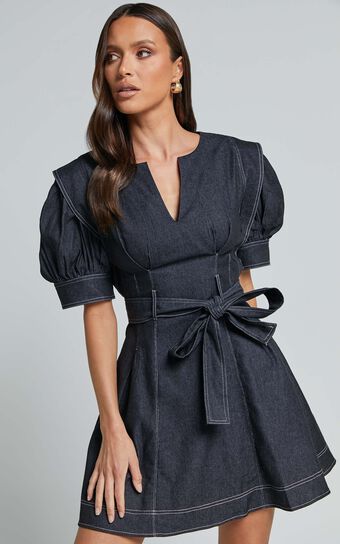 Dolores Mini Dress - Close V Neck Short Puff Sleeve Belted Dress in Black