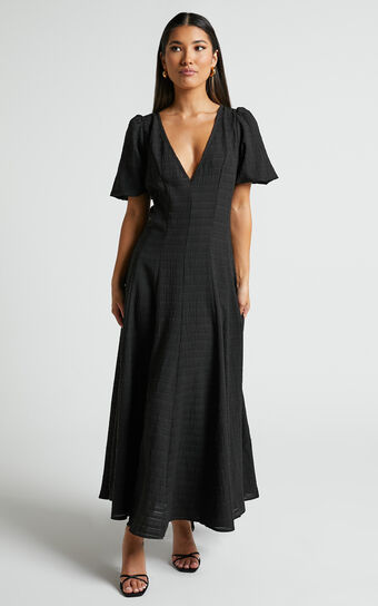 Jackelyn Midi Dress - Puff Sleeve V Neck Dress in Black