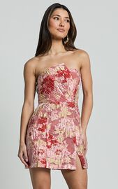 Atalia Mini Dress - Strapless Draped Jacquard Dress in Rust | Showpo USA