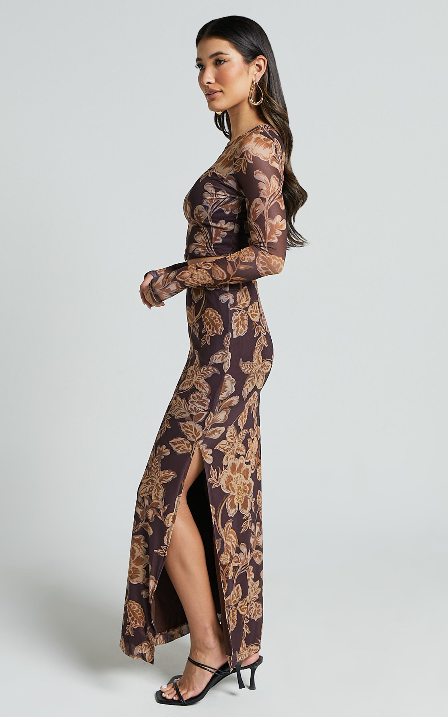 Willow Two Piece Set - Long Sleeve Top and Midi Skirt Mesh Set in Amber  Bloom Print | Showpo USA