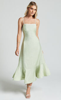 Charmie Midi Dress - Straight Neck Sleeveless Tiered Dress in Pistachio