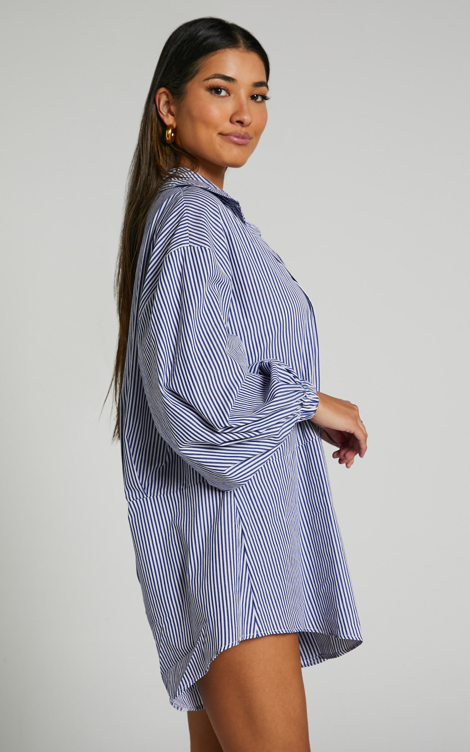 Anka Playsuit Relaxed Button Front Shirt Playsuit in Navy Stripe Showpo