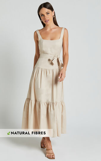 Ezra Midi Dress Linen Look Tiered Tie Waist in Stone Showpo Sale