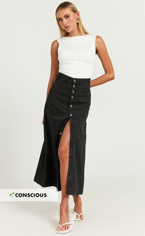 Alisa Midi Skirt - Button Through A Line Denim in Black Wash