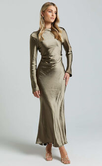 Arriana Midi Dress - Long Sleeve Cowl Back Satin Dress in Olive