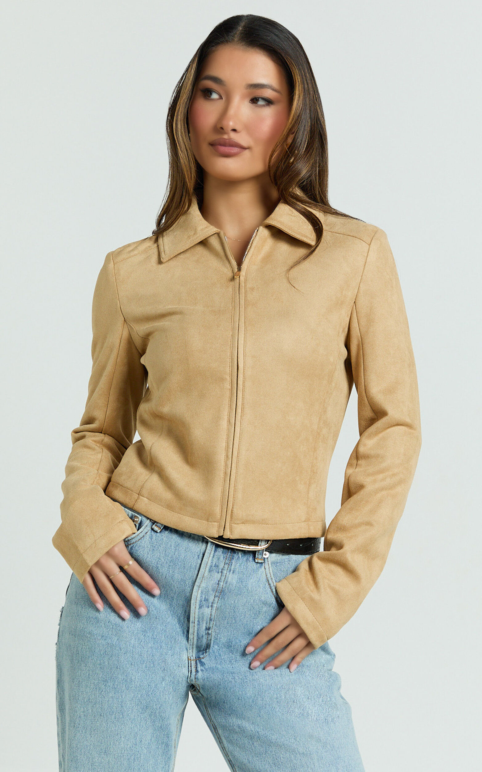 Welmina Jacket - Suede Collared Fitted Jacket in Sand - 06, NEU1