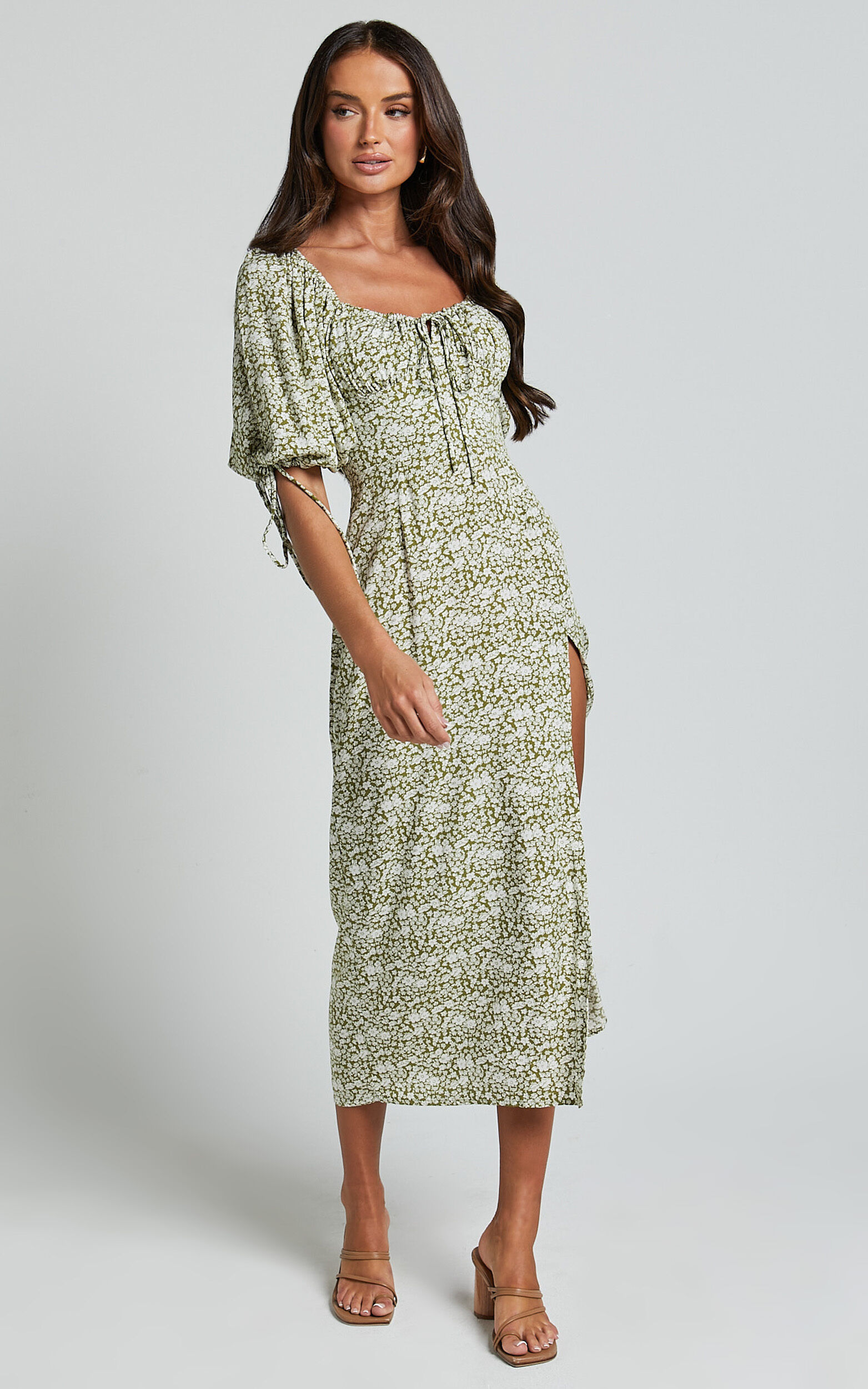 Rosario Midi Dress - Ruched Bust Puff Sleeve Dress in Olive Floral - 06, GRN1