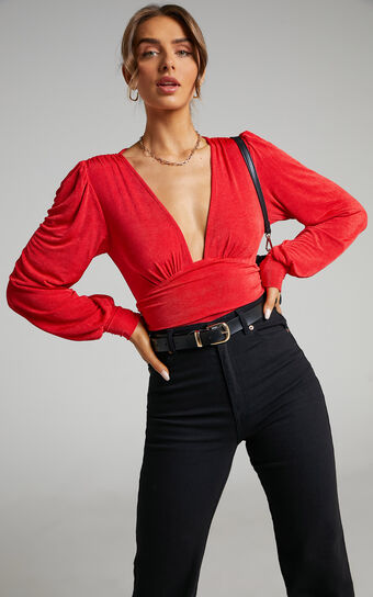 Lueiza V-Neck Bodysuit with Balloon sleeve in oxy red