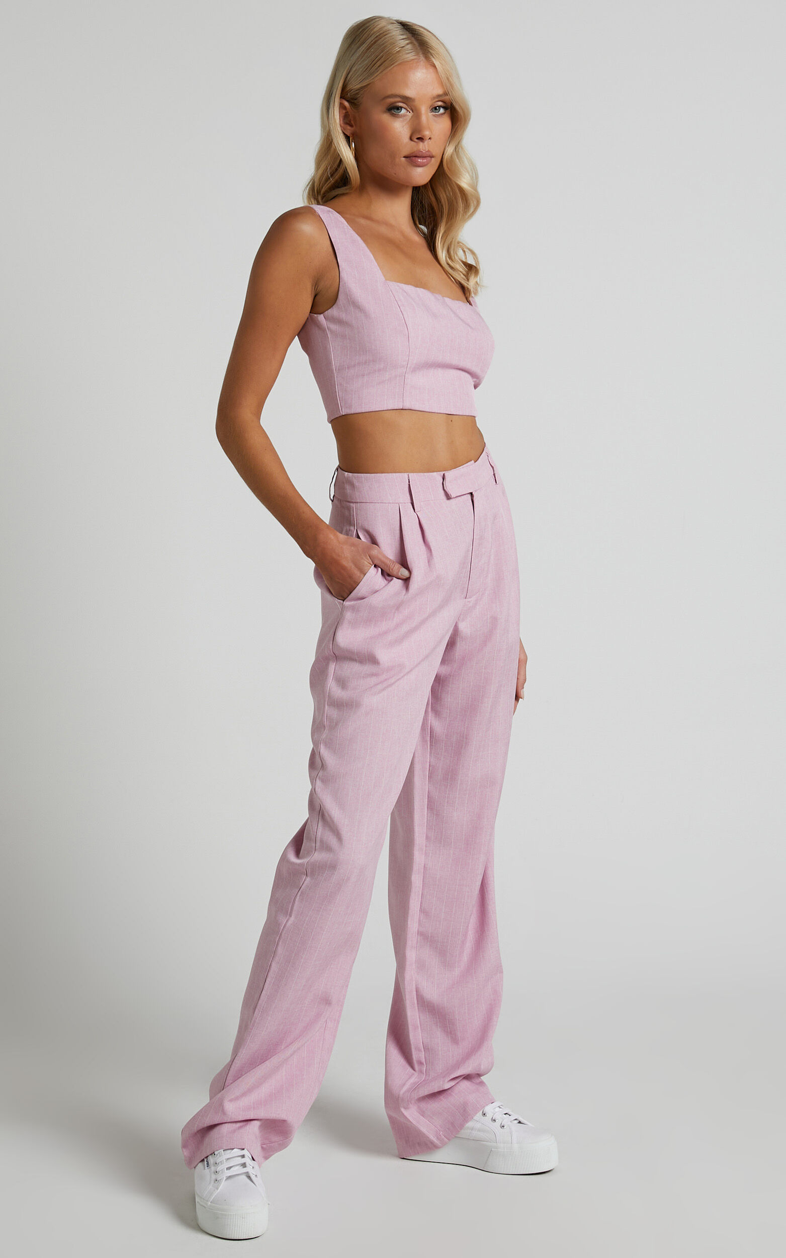 Marvilla Two Piece Set - Crop Top and Tailored Pants Set in Light Pink  Pinstripe