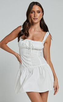 Kena Mini Dress - Jacquard Bustier Dress in White