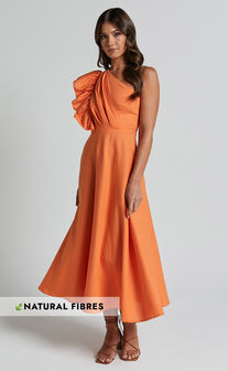 Dixie Midi Dress - Linen Look One Shoulder Ruffle Dress in Orange