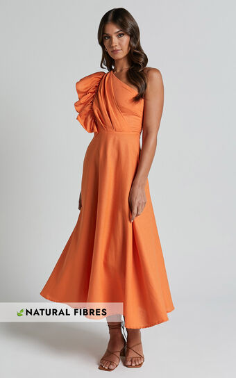 Dixie Midi Dress - Linen Look One Shoulder Ruffle Dress in Orange Showpo