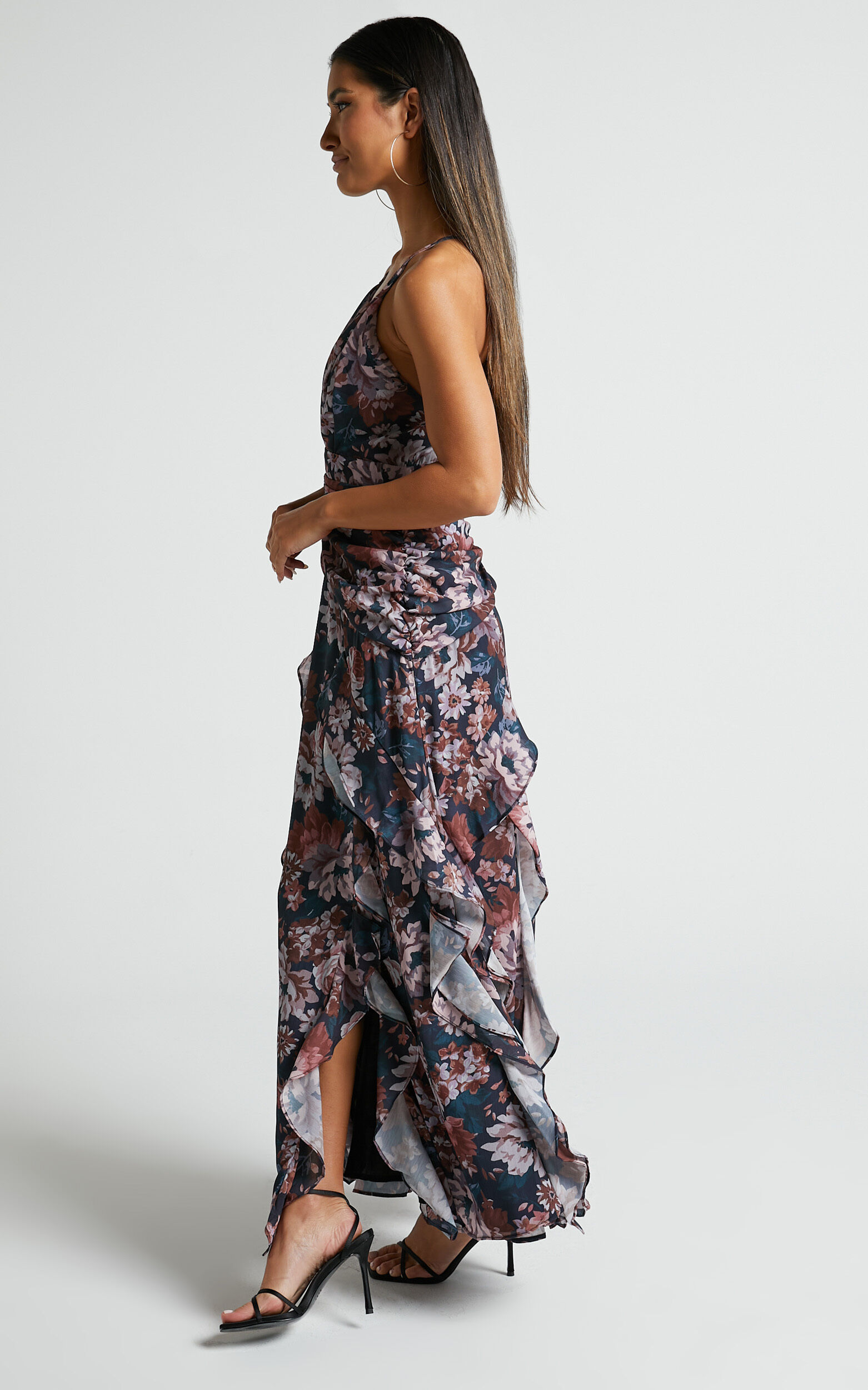 Long sleeve plunge on sale vintage print maxi dress