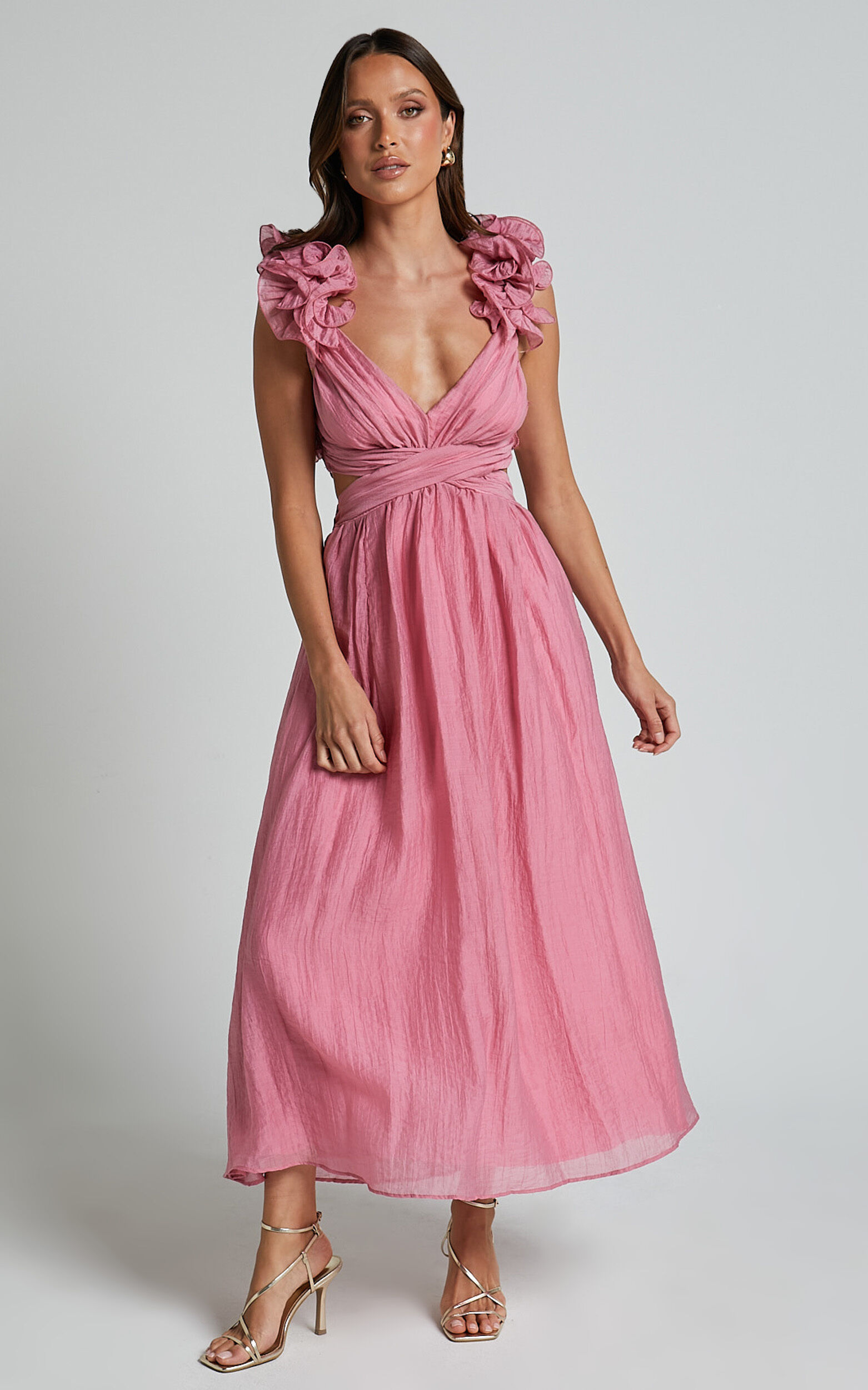 Marielly Maxi Dress Side Cut Out V Neck Ruffle Detail Sleeve Dress in Pink