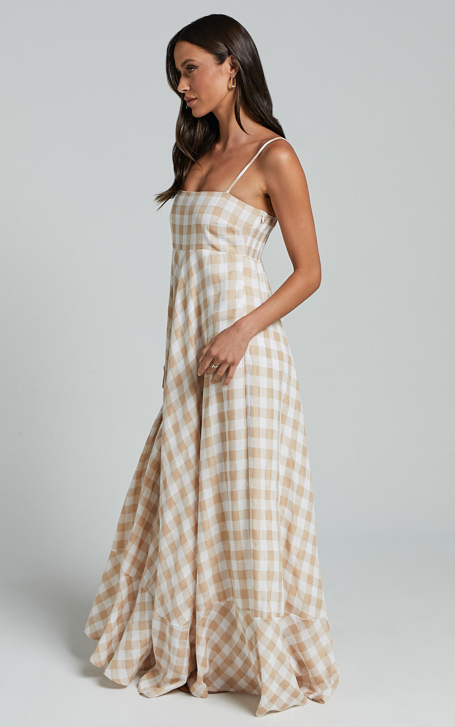 Katrien Maxi Dress Strappy Empire Waist Flare Dress in Beige and White Check