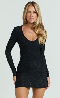 Harvey Mini Dress - Stretch Lace Scoop Neck Long Sleeve Bodycon Dress in Black