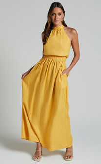 Amalie The Label - Shepard Linen Blend Halter Neck Maxi Dress in Yellow