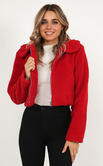 Forever Cuddling Jacket In Red Teddy