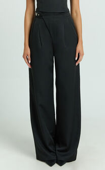 Luciana Pants - High Waist Crossover Belted Straight Leg Tailored Pants in Black