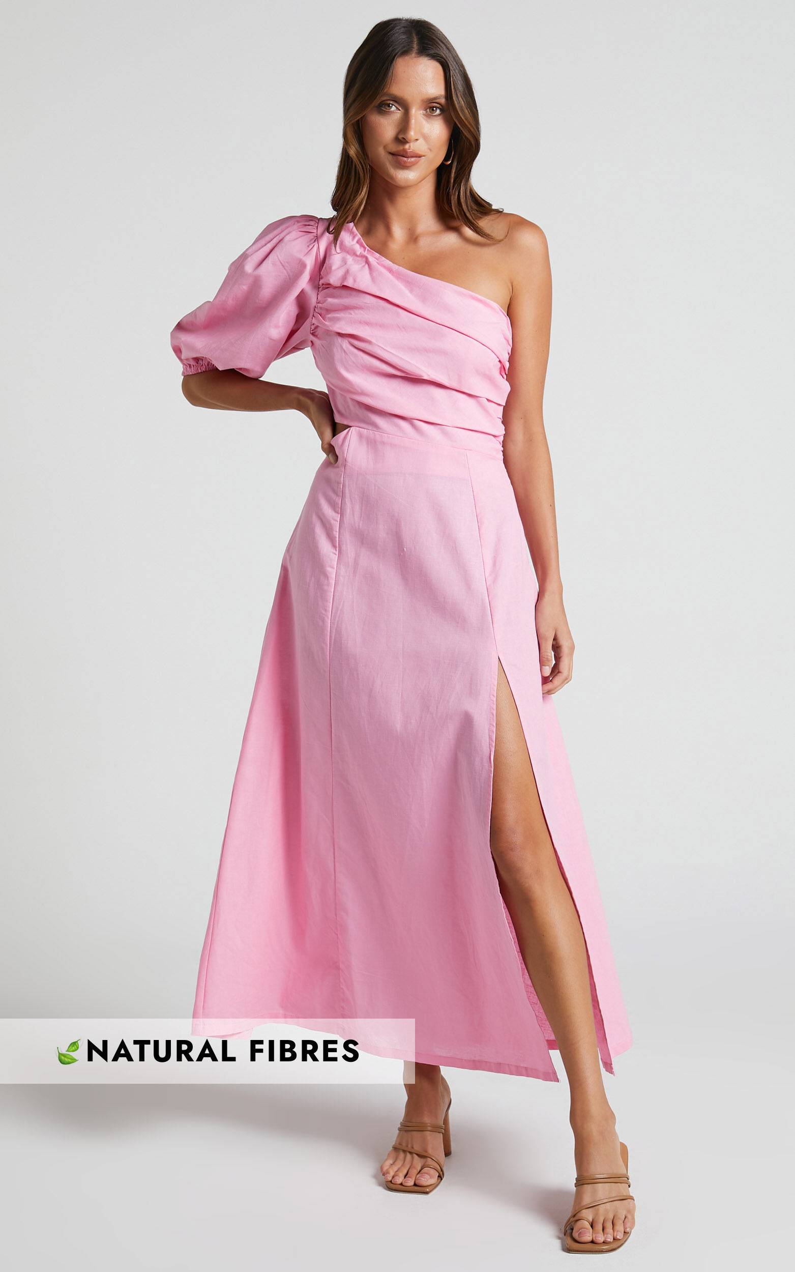 Amalie The Label - Mondie Linen Blend Cut Out One Shoulder Puff Sleeve Midi Dress in Pink - 06, PNK1