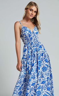 Cheri Midi Dress - Strappy Fit and Flare Tiered Dress in Blue Floral