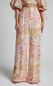 Amalie The Label - Aldina Linen Blend High Waisted Belted Straight Leg Pants in Morocco Print