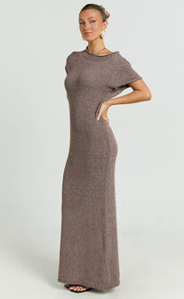 Amber Maxi Dress - Knitted T-Shirt Dress in Brown