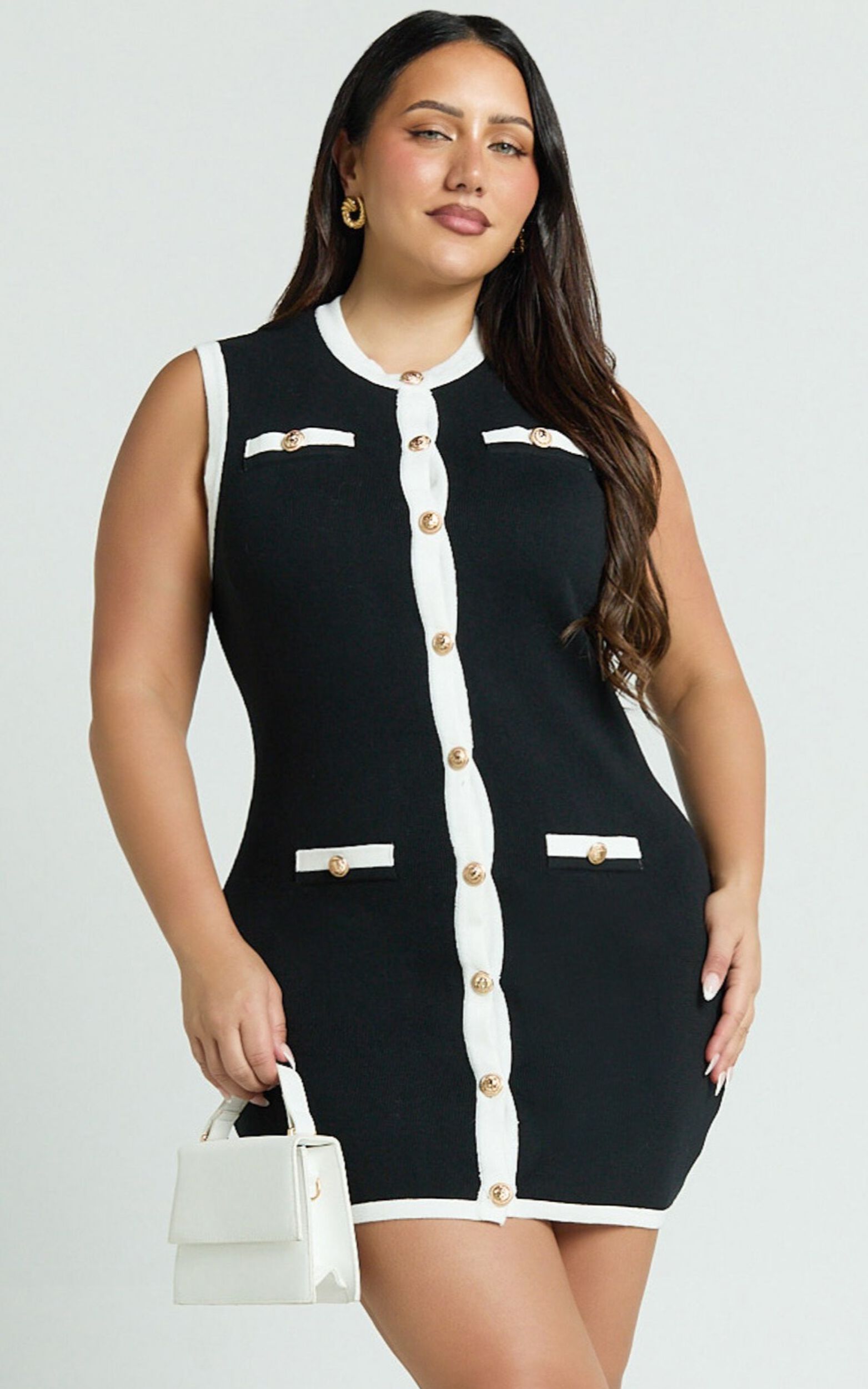 New button split bag hip knit dress