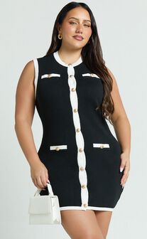 Branson Mini Dress - Sleeveless Button Down Knitted Dress in Black