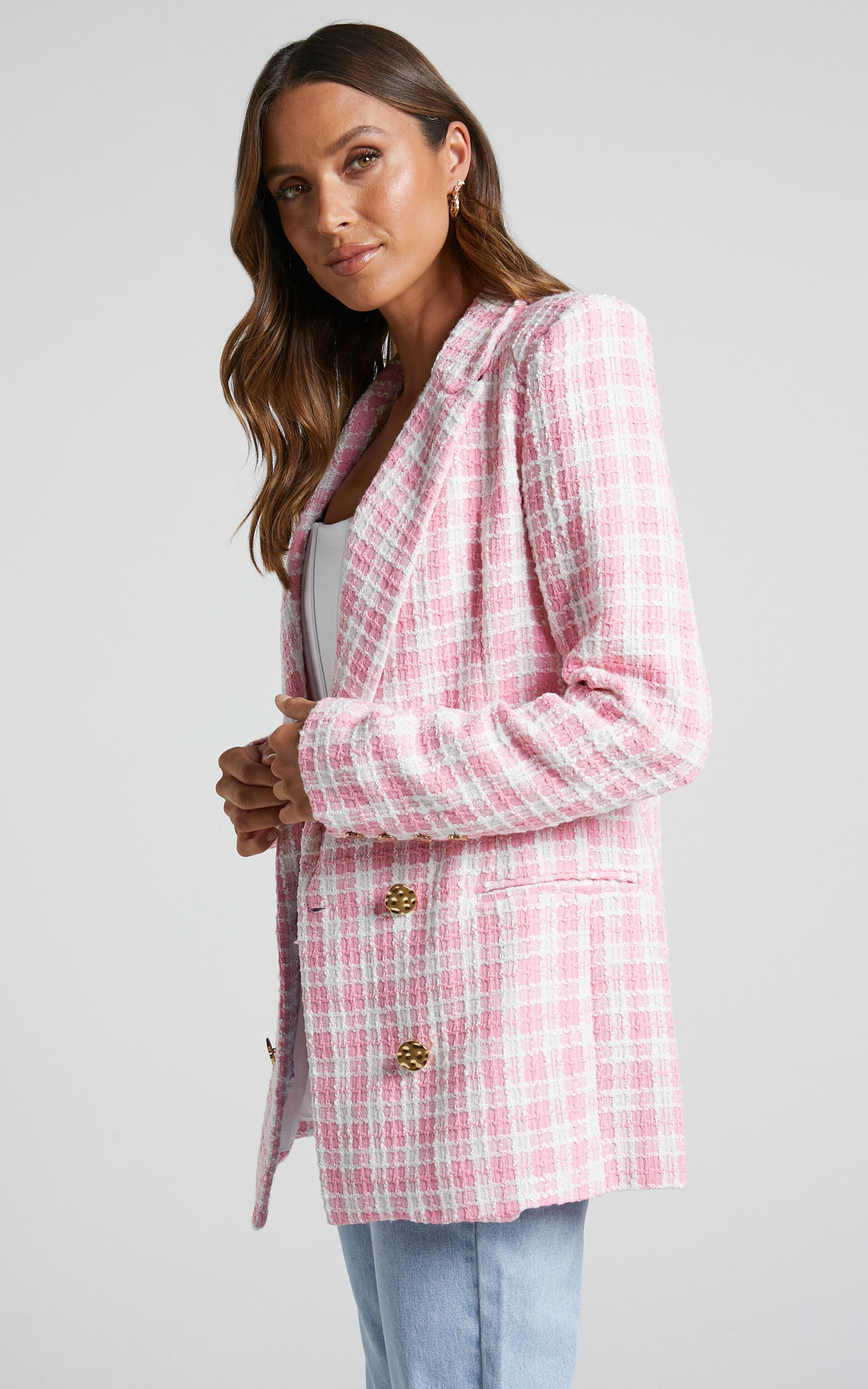 Pink check blazer womens discount