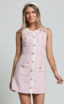 River Mini Dress - Boucle Button Through A Line Dress with Hardware Detail in Light Pink