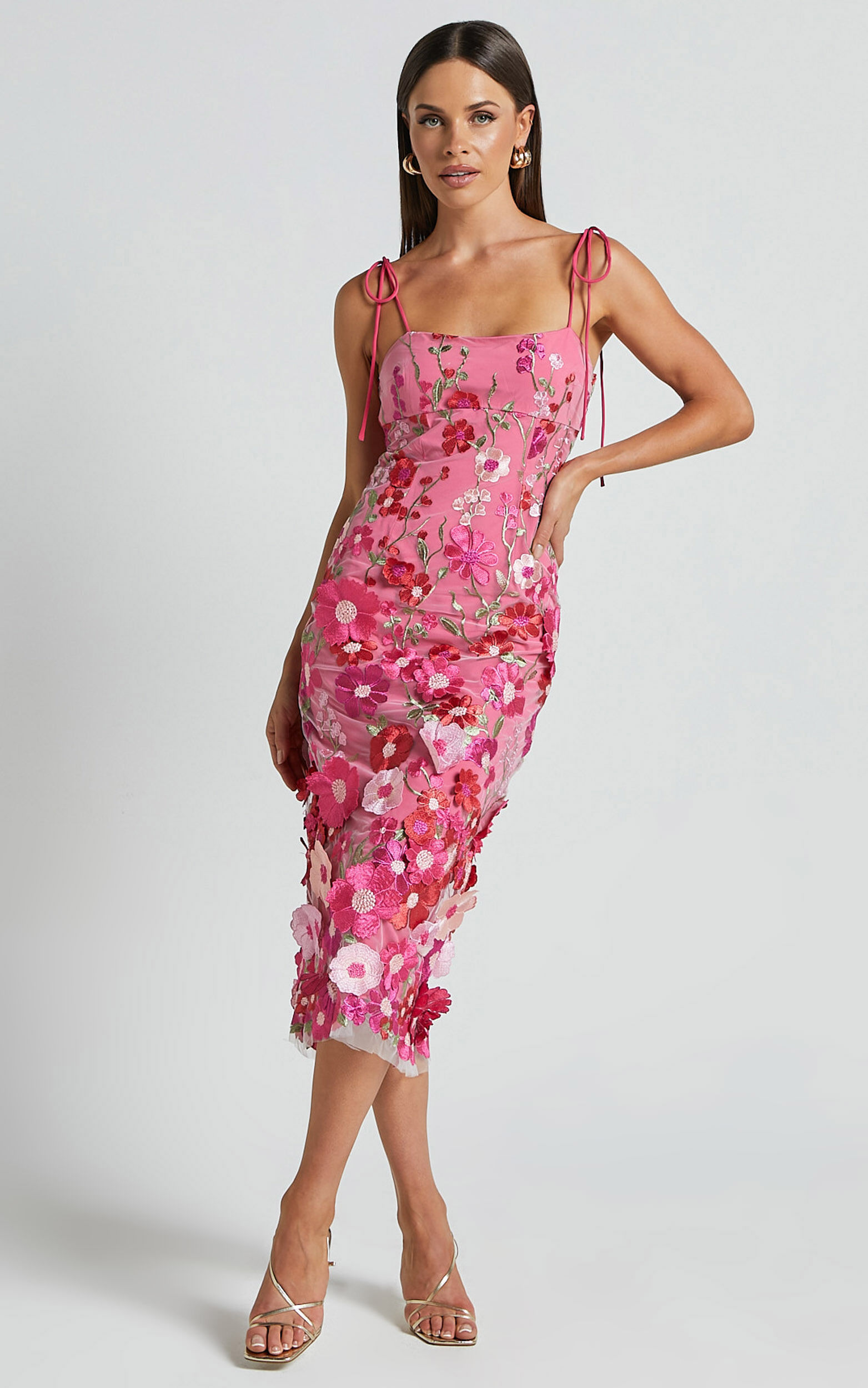 Jamich Midi Dress Straight Neck Tie Strap Pencil Dress in Magenta Showpo EU