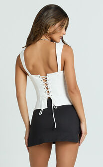 Libby Top - Lattice Back Sweetheart Lace Neckline Top in White
