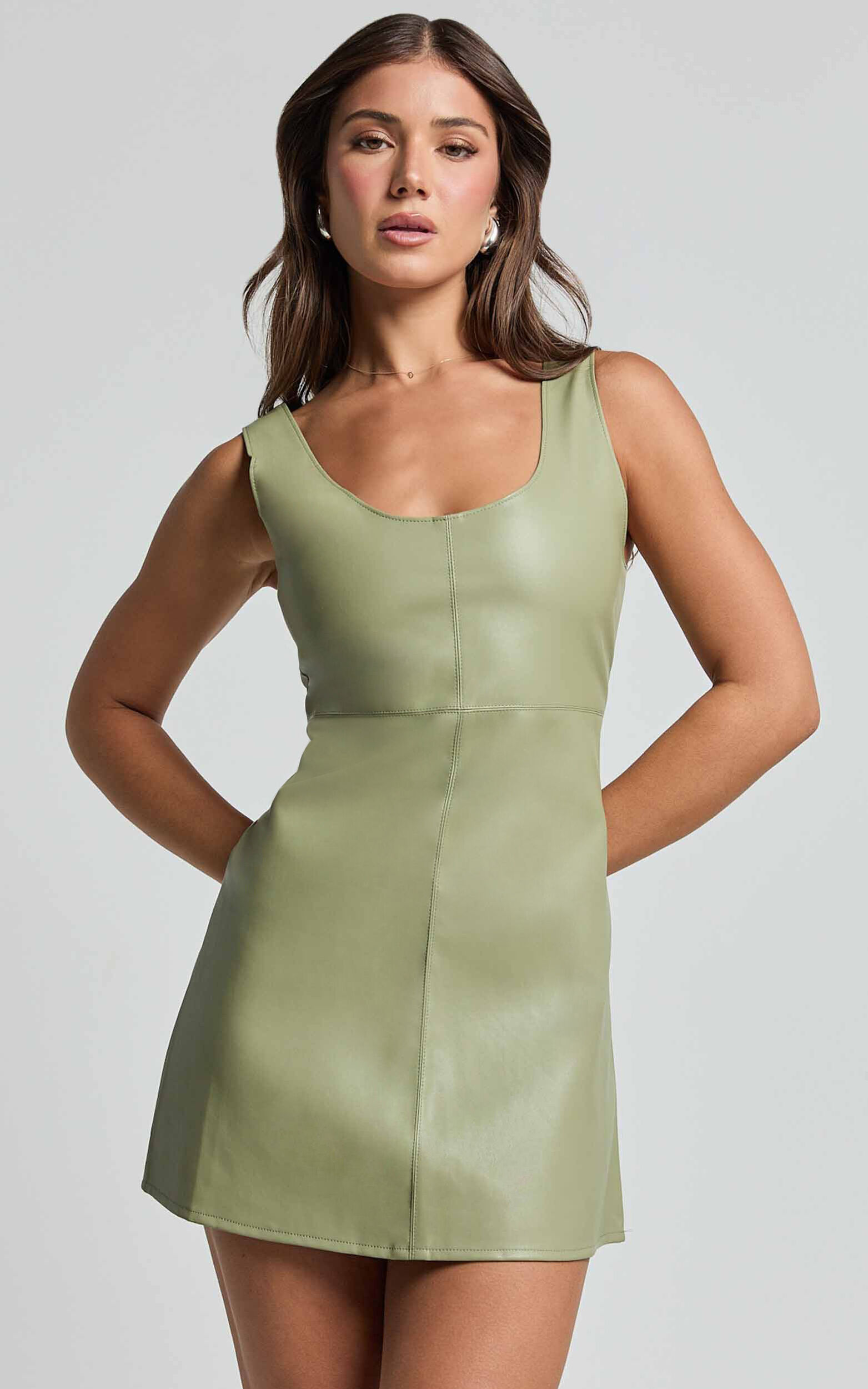 Alvera Mini Dress - Square Neck Sleeveless A Line Dress in Sage - L, GRN1