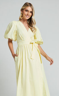 Amalie The Label - Franc Linen Puff Sleeve Wrap Midi Dress in Lemon