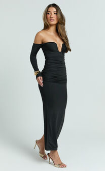 Isabelle Maxi Dress - Ruche Front Deep U Off Shoulder Fitted Dress in Black