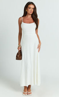 Donissa Midi Dress - Panelled Knit Dress in White
