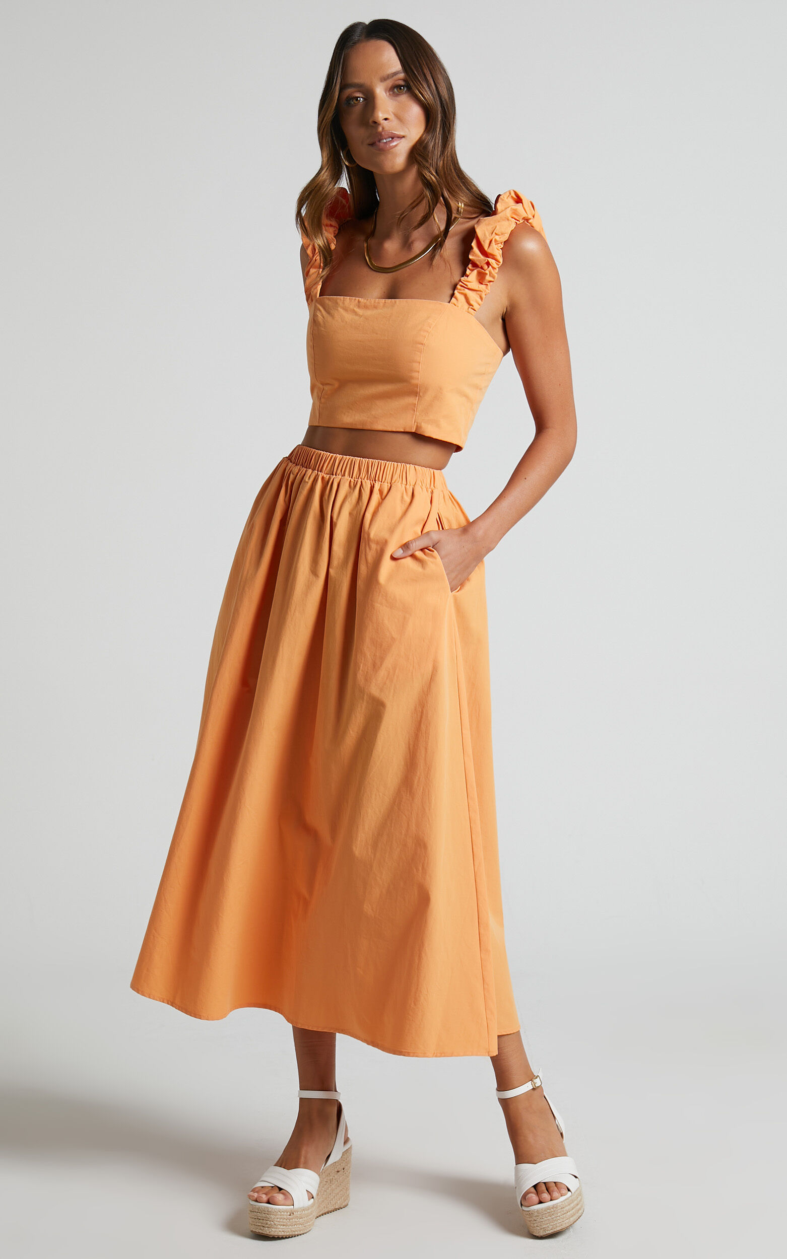 【PORTERNA】Lowby Skirt Top Set Levona Two Piece Set - Ruched Strap Crop Top and Midi Skirt