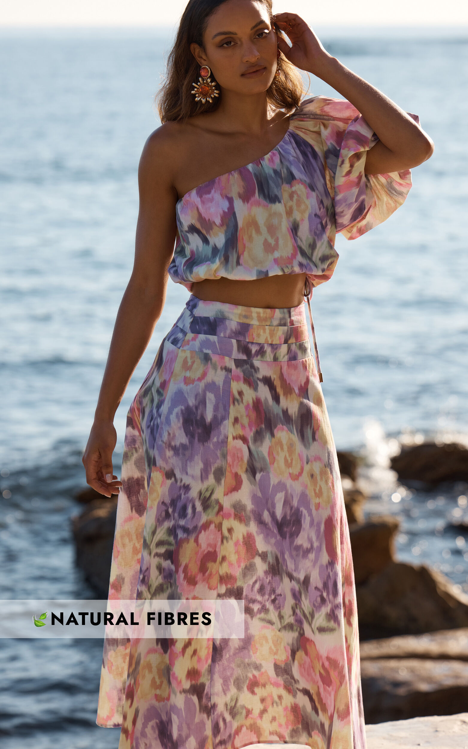 Amalie The Label - Aurelie Linen Look Blend One Shoulder Top and Midi Skirt Two Piece Set in Montreuil Print - 06, PRP1