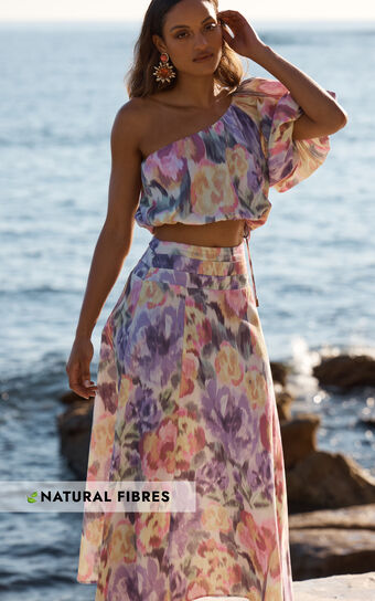 Amalie The Label - Aurelie Linen Look Blend One Shoulder Top and Midi Skirt Two Piece Set in Montreuil Print