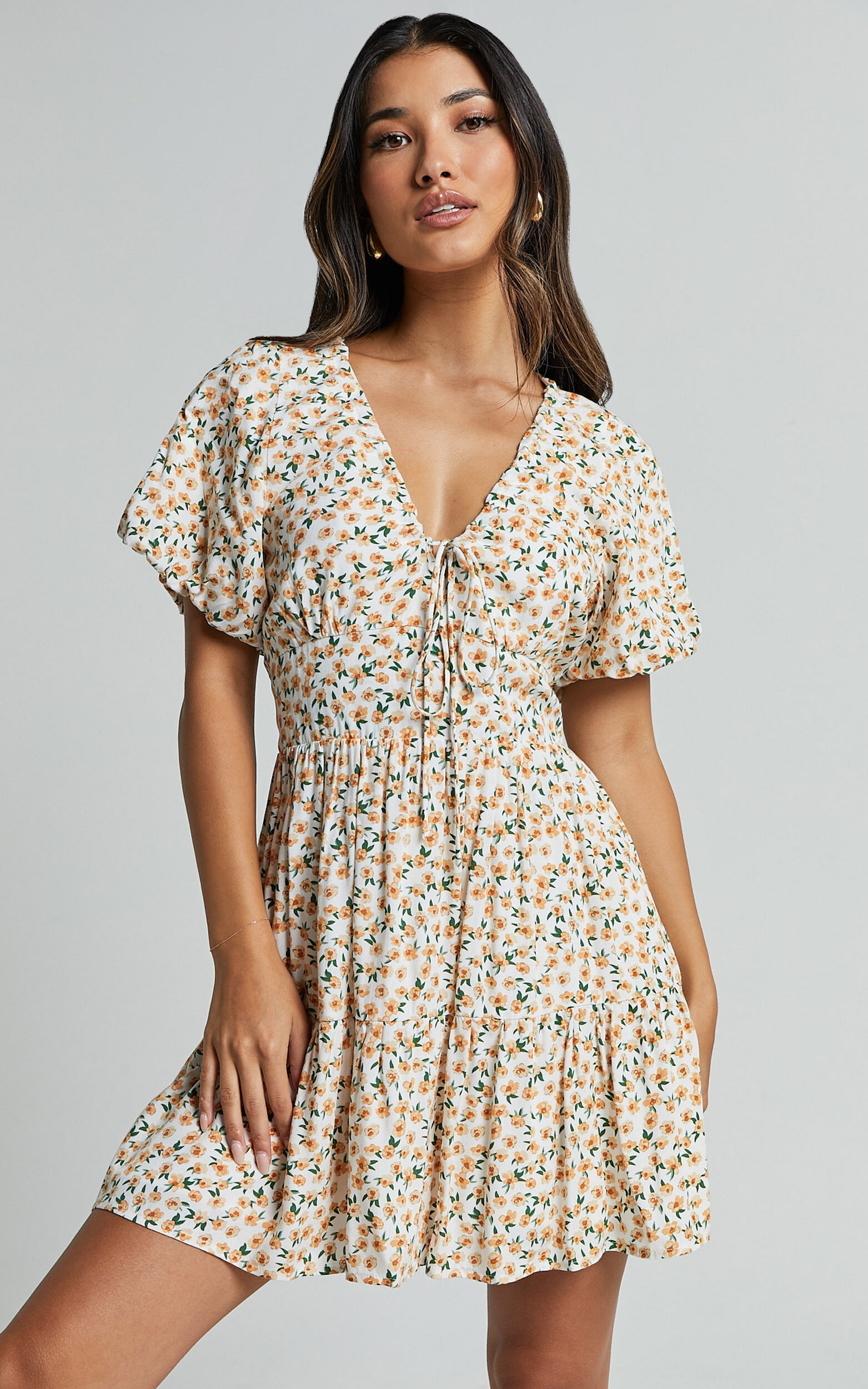 Chetana Mini Dress - Tie Front Short Sleeve Tiered Dress in White and Yellow Floral - 06, WHT1