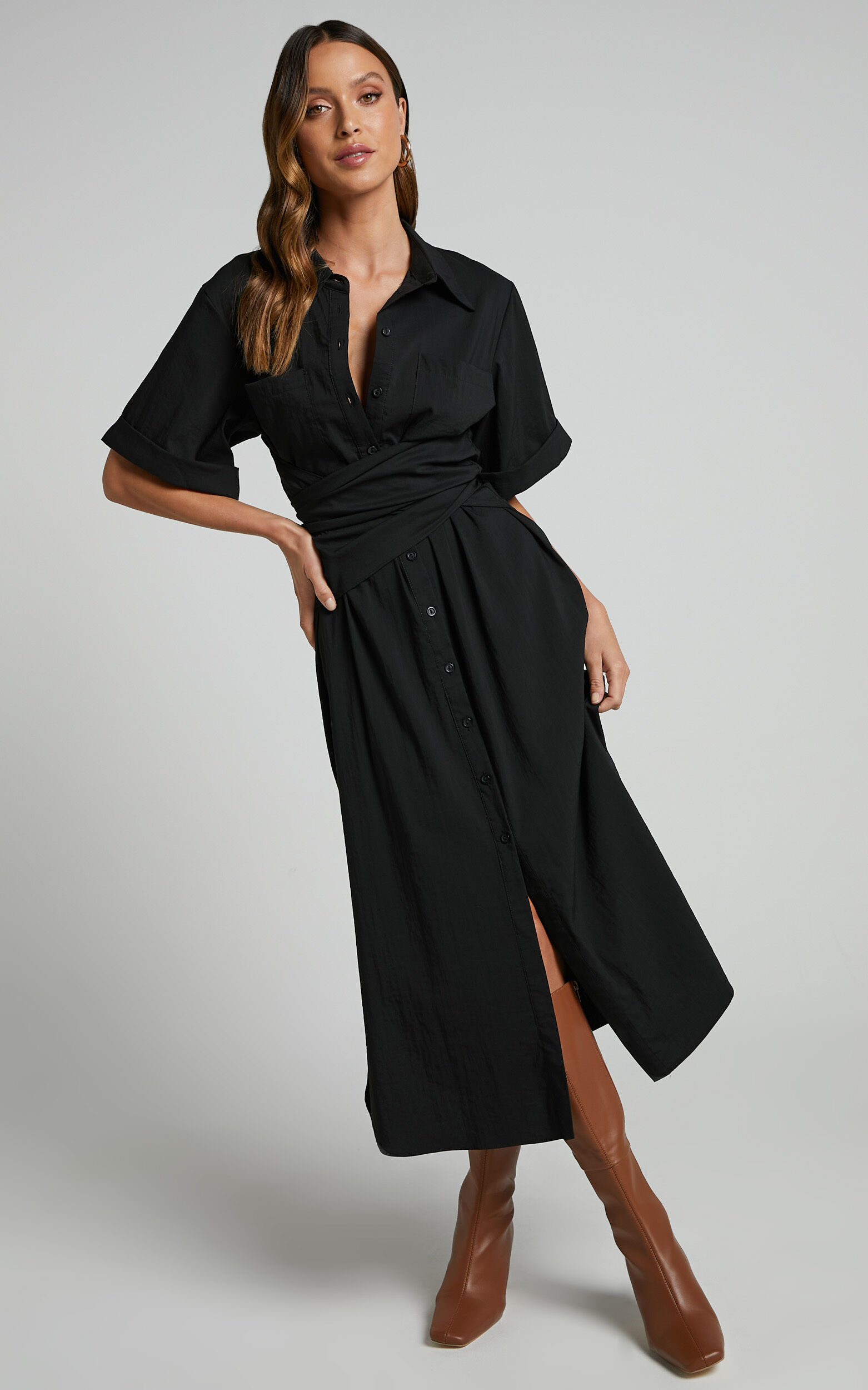 Devane Midi Dress Belted Short Sleeve Shirt Dress in Black Showpo