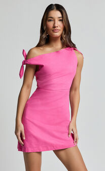 Jeofina Mini Dress - Off The Shoulder Linen Look Dress in Pink